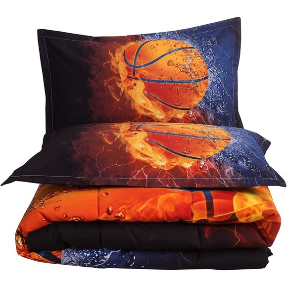 New Basketball Print,with Fire and Ice Pattern, Comforter Quilt Set Bedding Sets - Picture 2 of 6